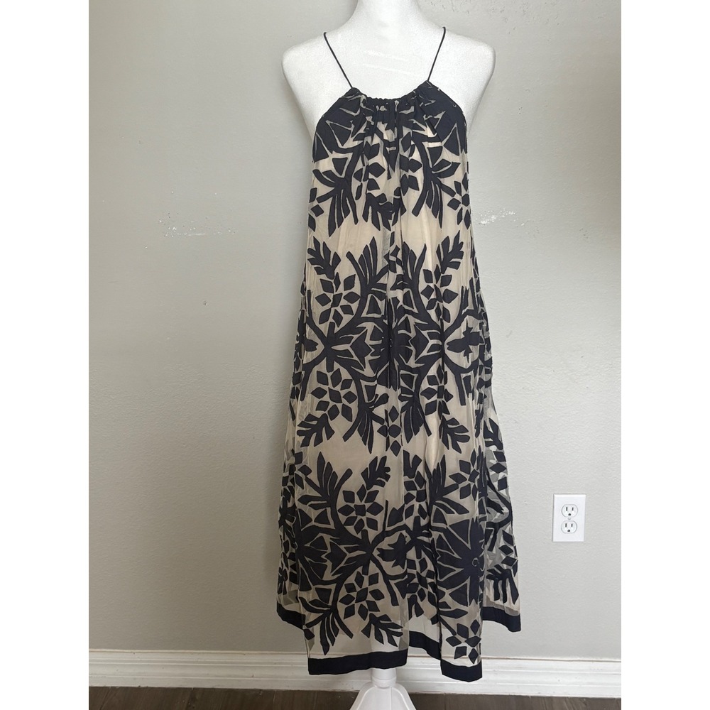 Hoss Intropia Navy Beige Mesh boho Applique Halter Open Back Midi Dress Size 44